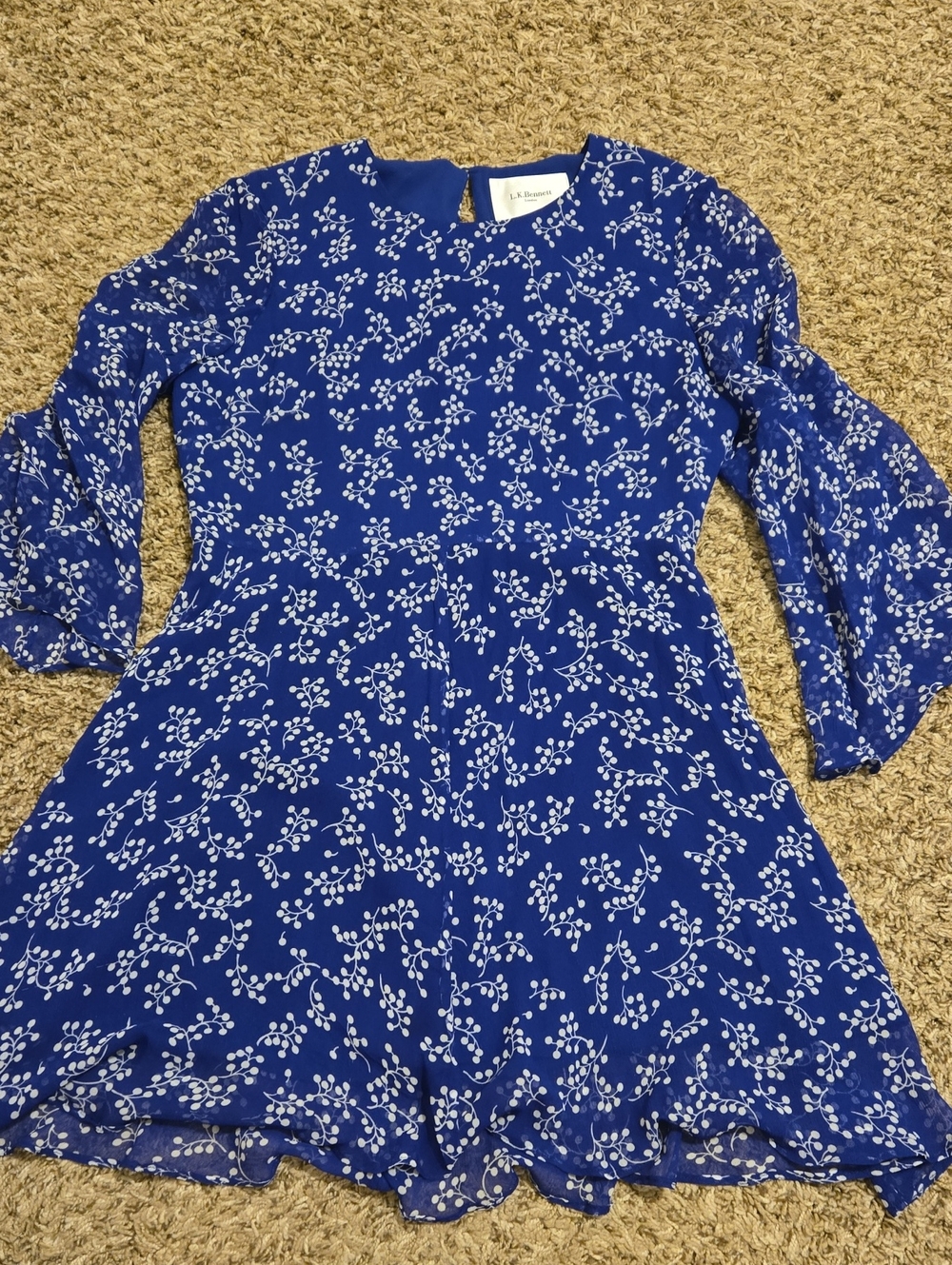 LK Bennett Royal Blue Floral Long-Sleeve Fit-and-Flare Dress
